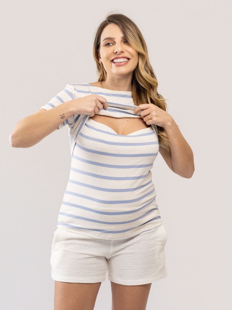 Blusa Lino Stripe Amamentação Manga Curta-Blusa-Mammy.b