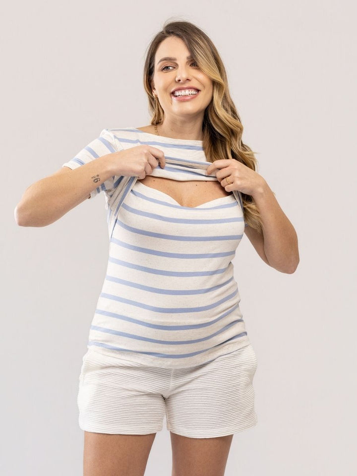 Blusa Lino Stripe Amamentação Manga Curta-Blusa-Mammy.b