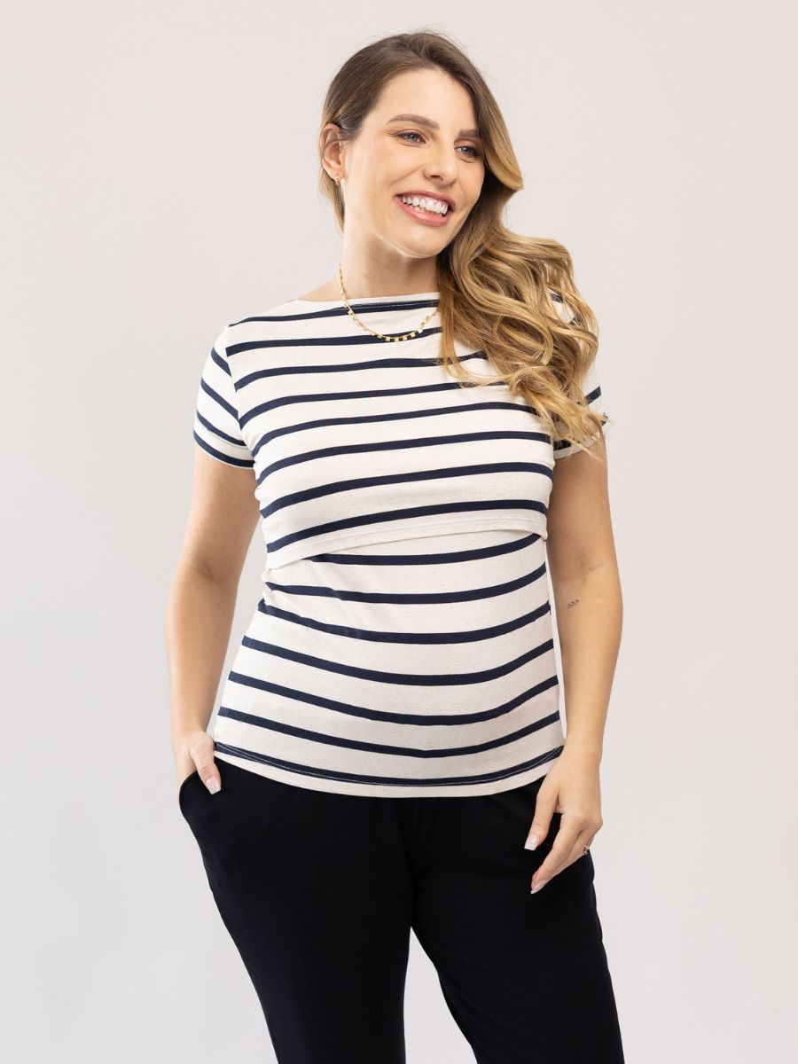 Blusa Lino Stripe Amamentação Manga Curta-Blusa-Mammy.b