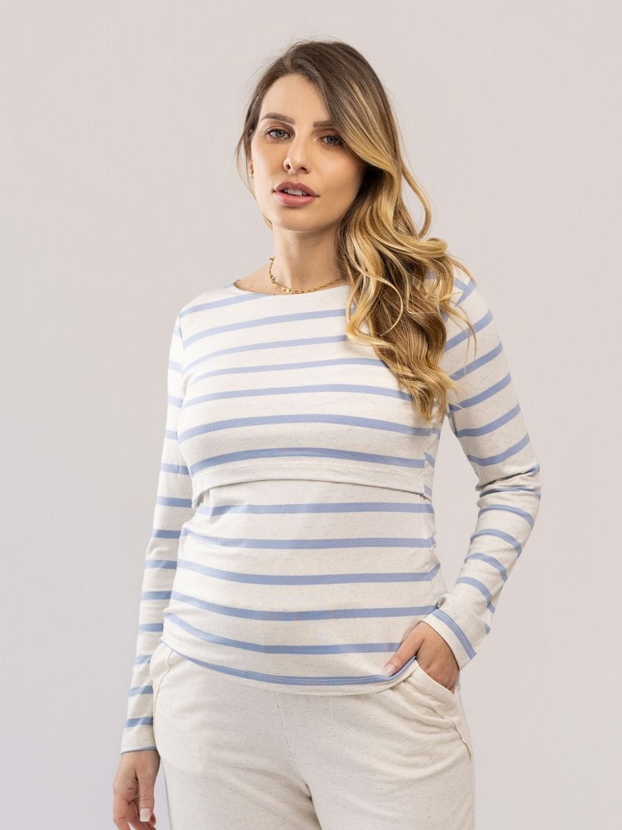 Blusa Lino Stripe Amamentação Manga Longa-Blusa-Mammy.b