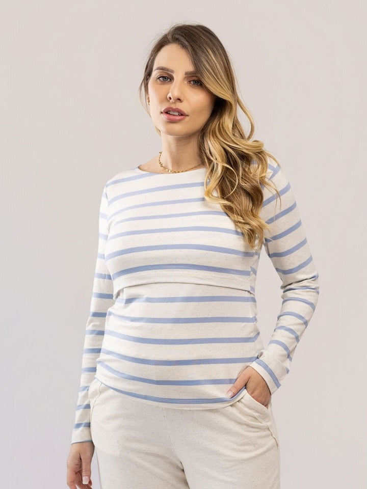 Blusa Lino Stripe Amamentação Manga Longa-Blusa-Mammy.b