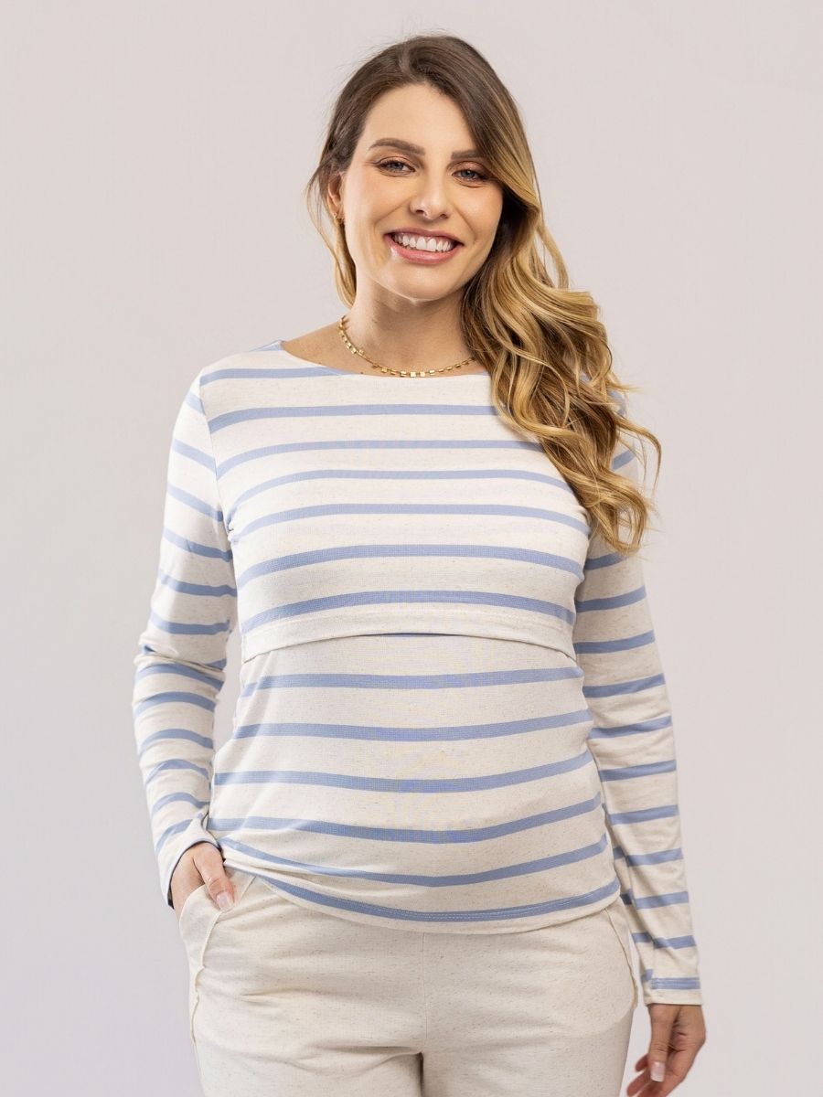 Blusa Lino Stripe Amamentação Manga Longa-Blusa-Mammy.b