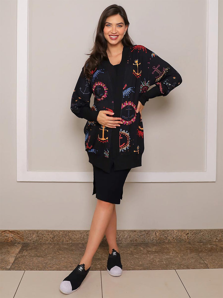 Maxi Cardigan Estampado Navy com Maxi Punho-Cardigan-Mammy.b