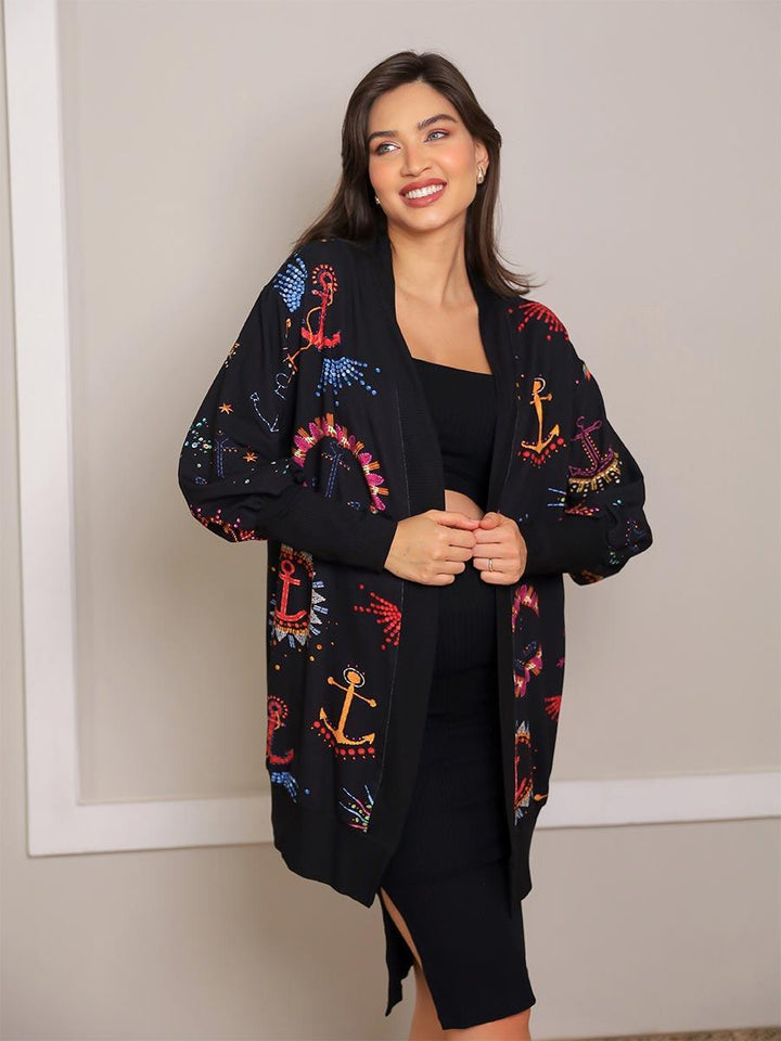 Maxi Cardigan Estampado Navy com Maxi Punho-Cardigan-Mammy.b